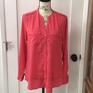 🆕 CHARTER CLUB Henley Button Down Long Sleeves Rouge Red Blouse